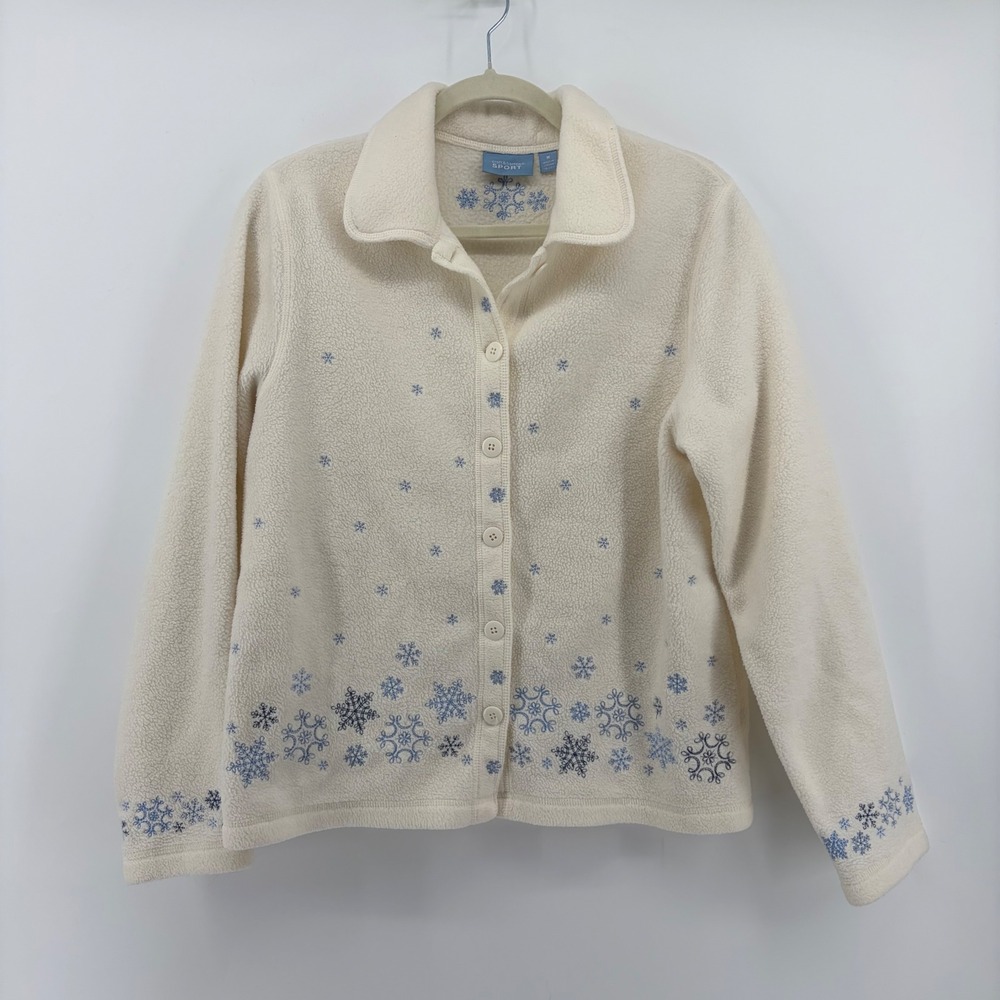 Croft & Barrow Womens Medium‎ Cream Fleece Button Cardigan Snowflake Embroidery